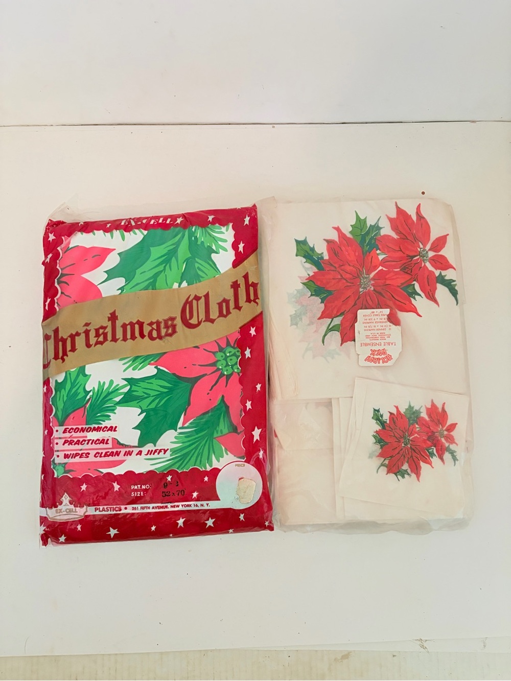 Vintage 2 Winter Holiday Christmas Poinsettia Tablecloth Vinyl & Paper Ensemble